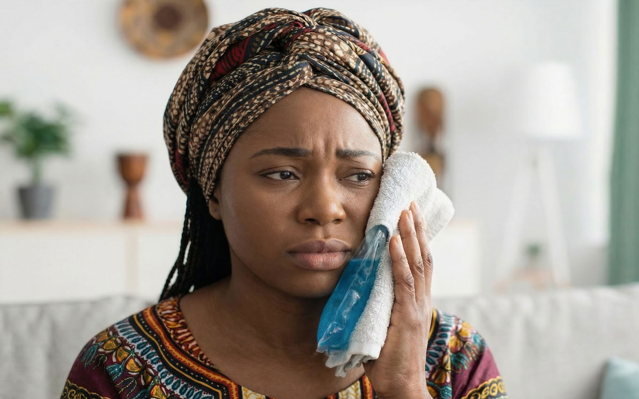 An African woman grimacing with a tooth ache, holding an ice pack against her face