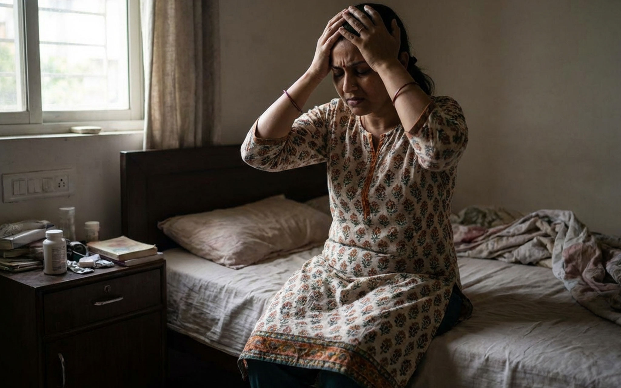 Woman experiencing emotional distress from adenomyosis and fertility challenges, representing the mental health impact of chronic pelvic pain